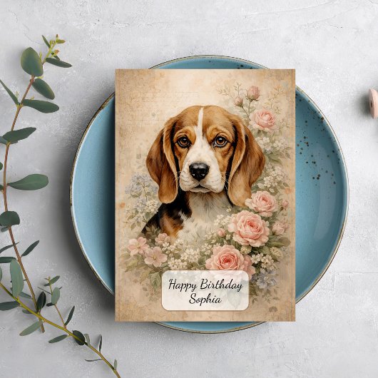 Carte Chien Beagle avec des Roses