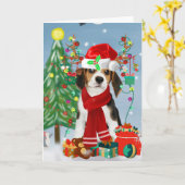Carte Chien Beagle dans la neige avec des cadeaux de Noë (Fleur jaune)