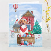 Carte Chien Beagle dans une maison de Noël enneigée (Fleur jaune)
