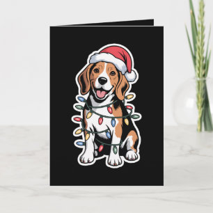 Carte Chien Beagle de Noël Chapeau de Père Noël Lumières