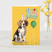 Carte Chien beagle en Casquette de fête à l'anniversaire (Fleur jaune)