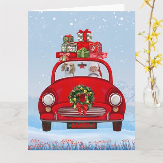 Carte Chien beagle En Voiture Avec Le Père Noël (Fleur jaune)