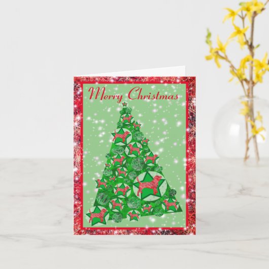 Carte Chien beagle Joyeux sapin de Noël avec étoiles (Fleur jaune)