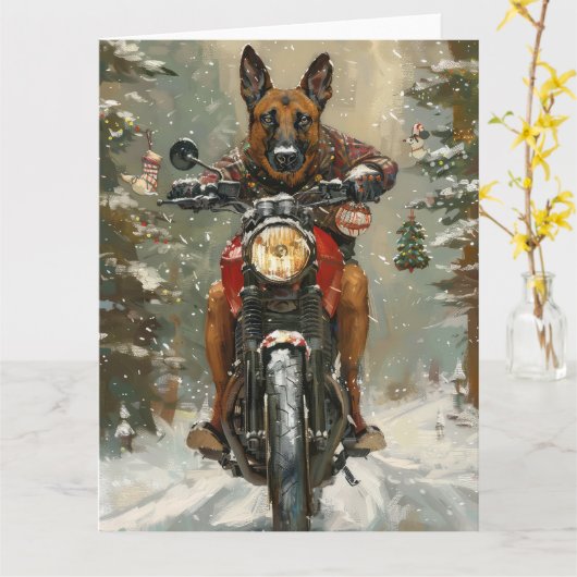 Carte Chien belge Malinoi équitation moto Noël (Fleur jaune)