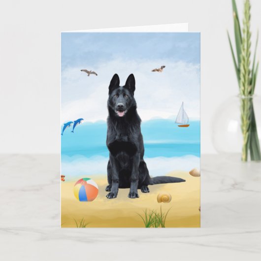 Carte Chien berger allemand noir sur la plage (Devant)