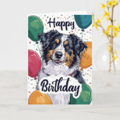 Carte Chien berger australien avec ballons Anniversaire (Fleur jaune)