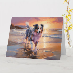 Carte Chien berger australien sable sur coucher de solei