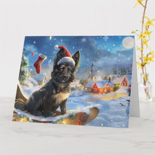 Carte Chien berger belge en neige dorée Noël (Fleur jaune)