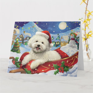 Carte Chien Bichon Frise dans un traîneau Noël enneigé