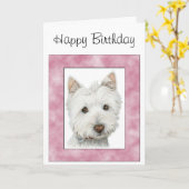 Carte Chien blanc mignon dans l'art du cadre rose (Fleur jaune)