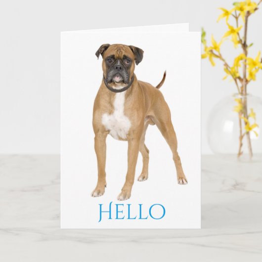 Carte Chien bleu Hello / Hi Boxer Puppy - Chien Brown et (Fleur jaune)