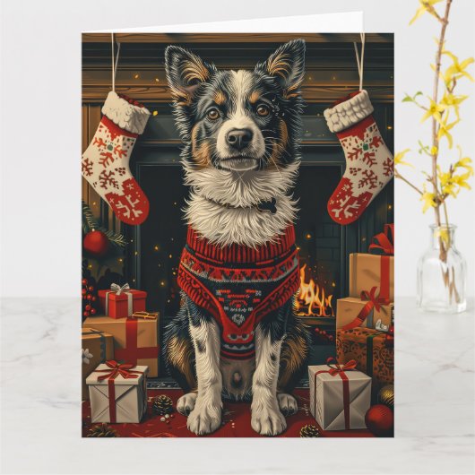 Carte Chien Blue Heeler avec Cheminée de Cadeaux de Noël (Fleur jaune)