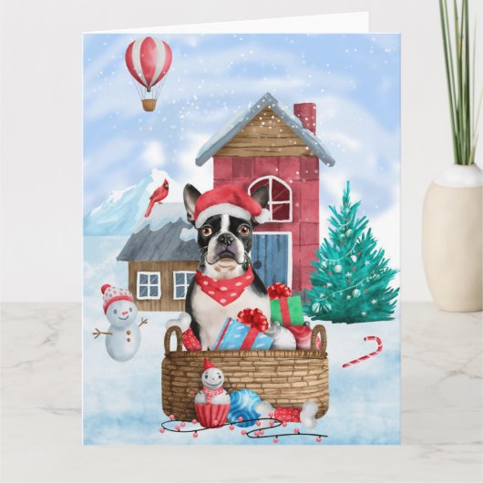 Carte Chien Boston Terrier dans la maison de Noël enneig (Devant)