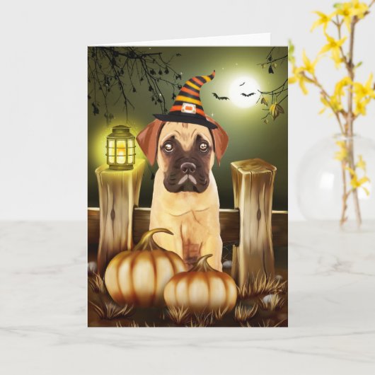 Carte Chien bullmastiff avec Casquette sorcier Halloween (Fleur jaune)