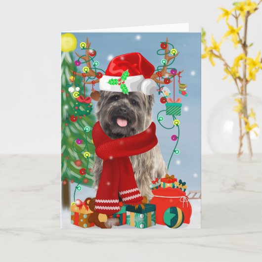 Carte Chien Cairn Terrier dans la neige avec des cadeaux (Fleur jaune)