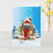 Carte Chien caniche dans la neige avec des cadeaux de No (Fleur jaune)