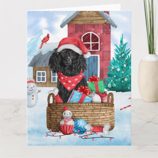 Carte Chien Caniche Dans Maison de Noël enneigée (Devant)