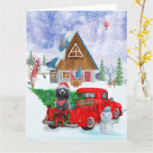 Carte Chien caniche dans un camion de livraison de Noël (Fleur jaune)