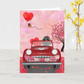 Carte Chien Caniche Voiture avec coeurs Saint-Valentin (Fleur jaune)