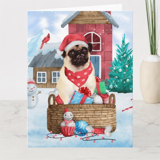 Carte Chien Carlin Dans Maison De Noël Enneigée (Devant)