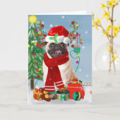 Carte Chien carlin en neige avec cadeaux de Noël (Fleur jaune)