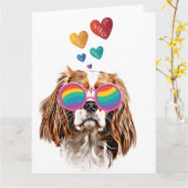 Carte Chien Cavalier King avec coeurs Saint-Valentin  (Fleur jaune)