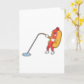 Carte Chien chaud à la pêche avec canne à pêche (Fleur jaune)