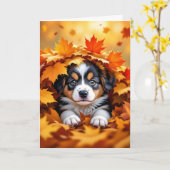 Carte Chien chic mignon dans les feuilles d'automne (Fleur jaune)