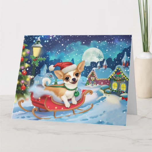 Carte Chien Chihuahua en traîneau neige Noël (Devant)