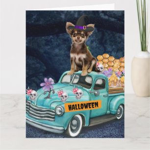 Carte Chien Chihuahua Halloween Camion Nuit Effrayante
