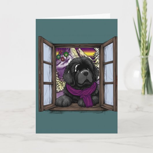 Carte Chien chiot à la fenêtre enneigée (Devant)