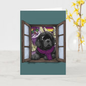 Carte Chien chiot à la fenêtre enneigée (Fleur jaune)