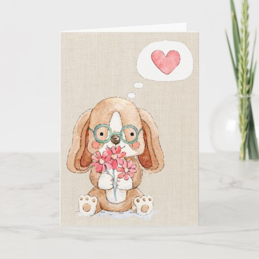 Carte Chien chiot avec fleurs pensant à vous (Devant)