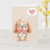 Carte Chien chiot avec fleurs pensant à vous (Fleur jaune)