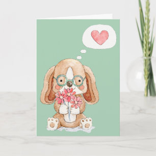 Carte Chien chiot avec fleurs pensant à vous