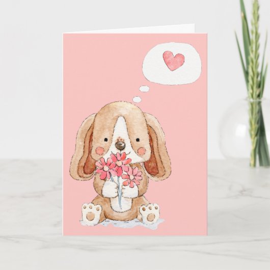 Carte Chien chiot avec fleurs pensant à vous (Devant)