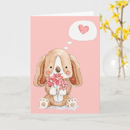 Carte Chien chiot avec fleurs pensant à vous (Fleur jaune)