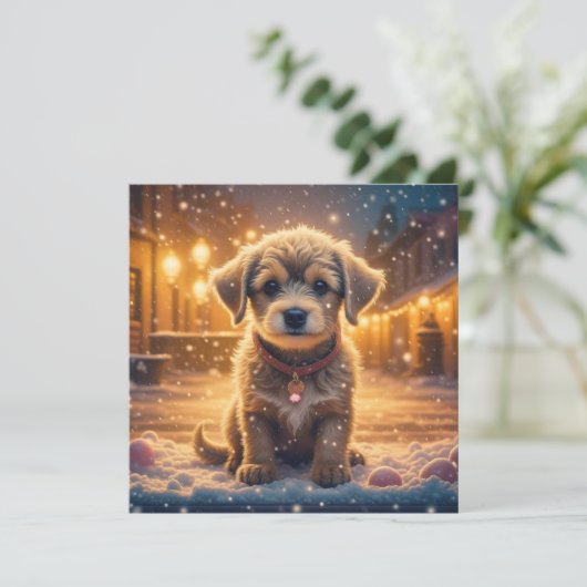 Carte Chien chiot dans la neige Noël personnalisé (Debout devant)