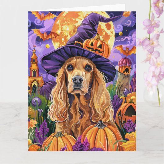 Carte Chien Cocker Spaniel Effrayant Sorcière d'Hallowee (Orchidée)