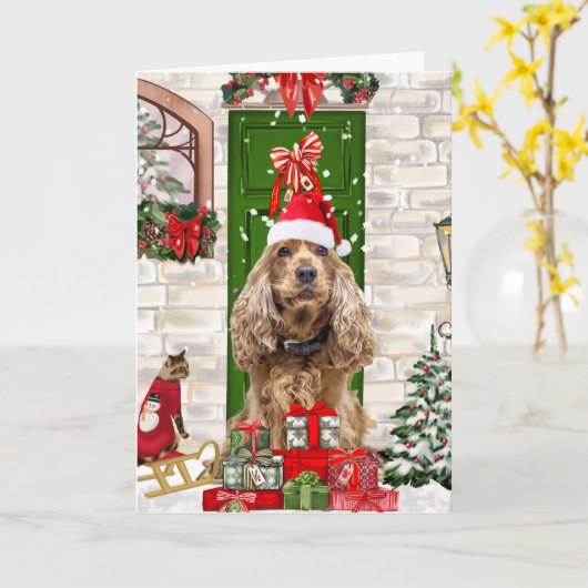 Carte Chien Cocker Spaniel Noël (Fleur jaune)