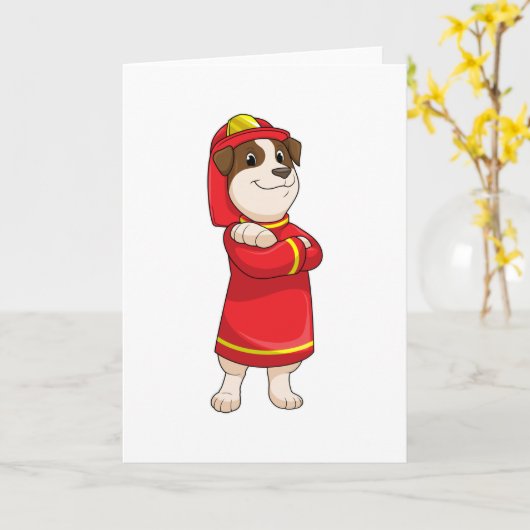 Carte Chien comme pompier avec casque (Fleur jaune)