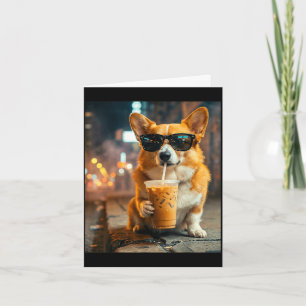 Carte Chien corgi buvant un café glacé mème animal drôle