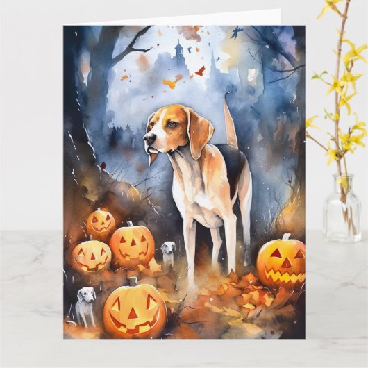 Carte Chien courant anglais américain d'Halloween avec d (Fleur jaune)