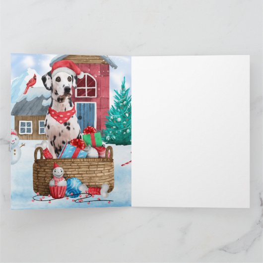 Carte Chien dalmate dans la maison de Noël enneigée (Intérieur)