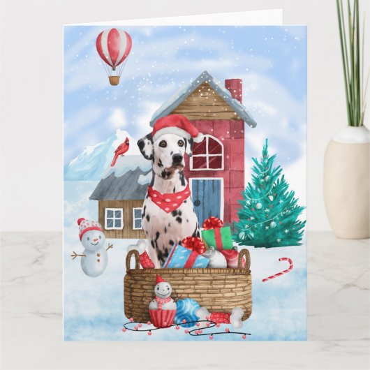 Carte Chien dalmate dans une maison de Noël enneigée (Devant)