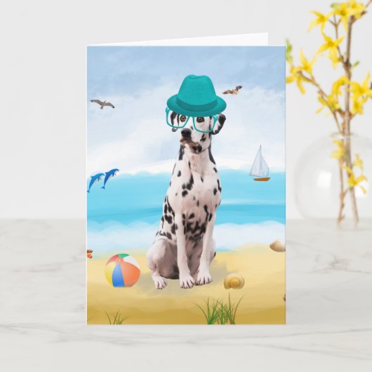 Carte Chien dalmate sur la plage (Fleur jaune)