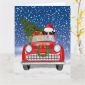 Carte Chien Dalmatien Conduisant une Voiture dans la Nei (Fleur jaune)