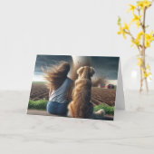 Carte Chien d'anniversaire et femme regardant une tornad (Fleur jaune)