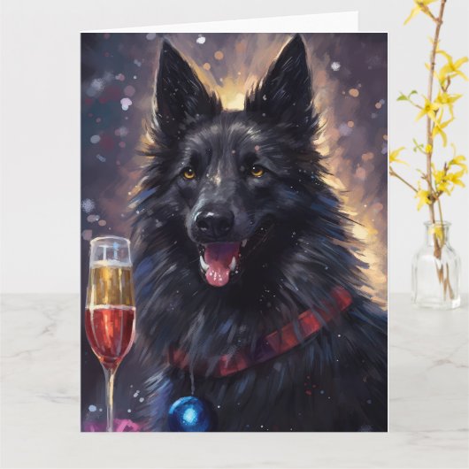 Carte Chien de berger belge Nouvel An (Fleur jaune)