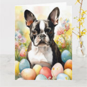 Carte Chien de Boston Terrier avec oeufs de Pâques vacan (Fleur jaune)